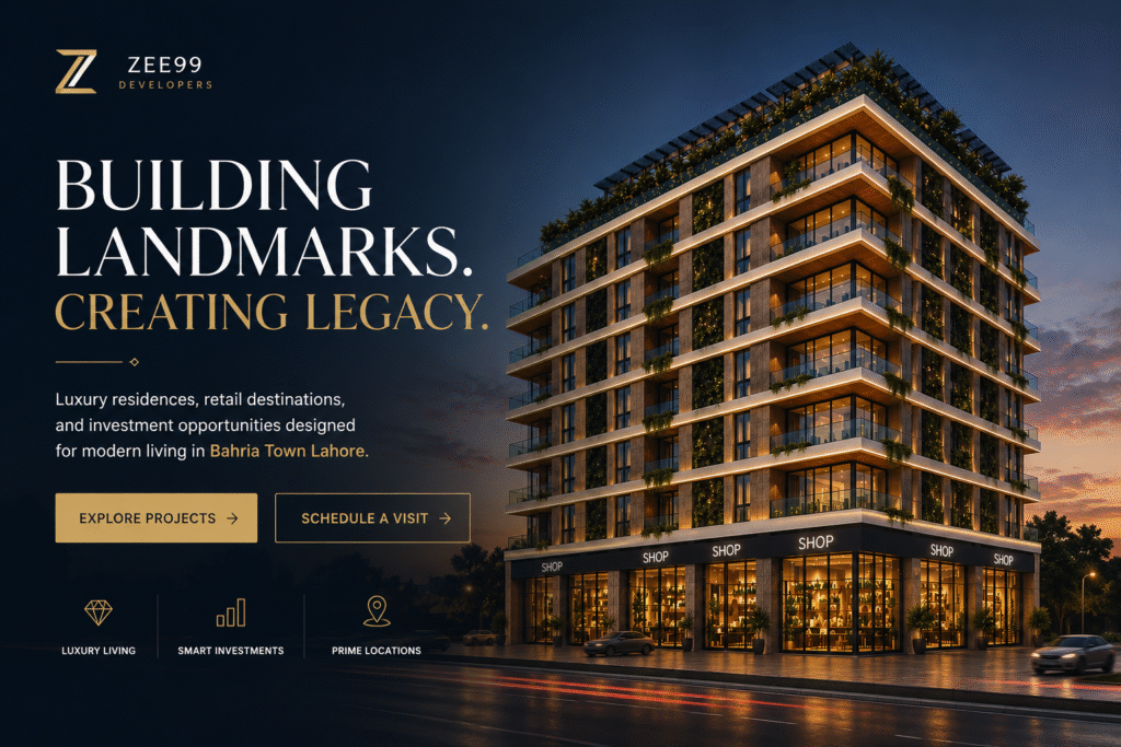 Zee99 Developers luxury residential building with retail shops in Bahria Town Lahore